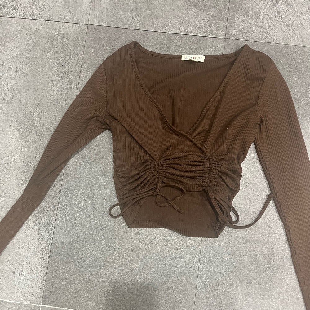 Chic Brown Ruched Wrap Blouse